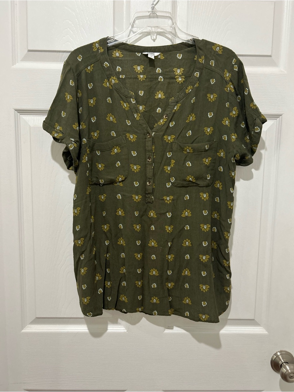 Sonoma Olive Green Floral Henley Blouse